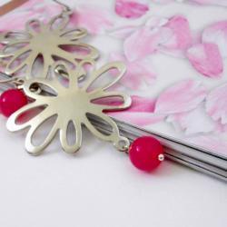Fuchsia glass earrings Silver plated daisies on sterling silver handcrafted earwires