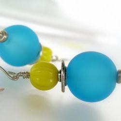 Turquoise and yellow glass on sterling silver handmade earwires